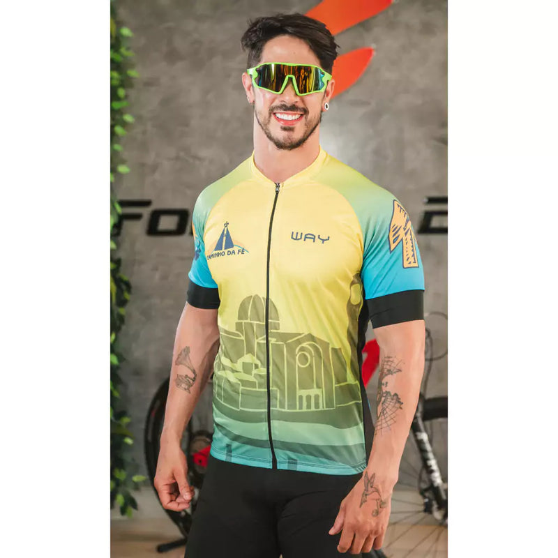 Camisa Ciclismo Masculino Manga Curta com 3 Bolsos traseiros - Caminhos da Fé