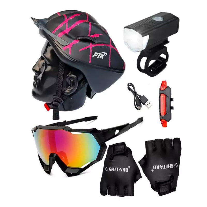 Kit Ciclismo com Capacete Ciclismo + Óculos + Luva + Farol e Sinalizador