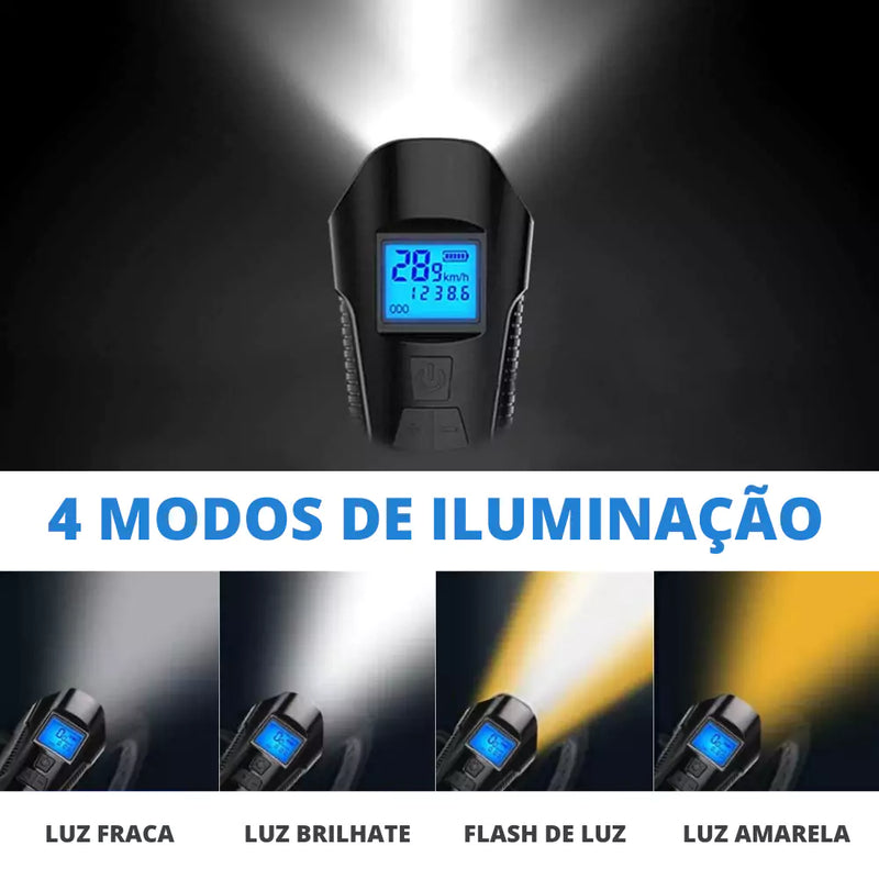 Farol LED para Bicicleta 3 em 1 com Buzina e Velocímetro Recarregável USB à Prova d'Água