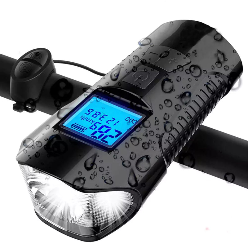 Farol LED para Bicicleta 3 em 1 com Buzina e Velocímetro Recarregável USB à Prova d'Água