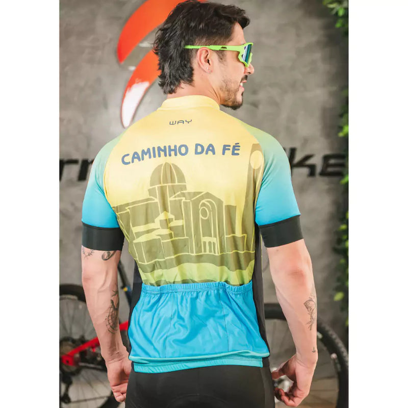 Camisa Ciclismo Masculino Manga Curta com 3 Bolsos traseiros - Caminhos da Fé